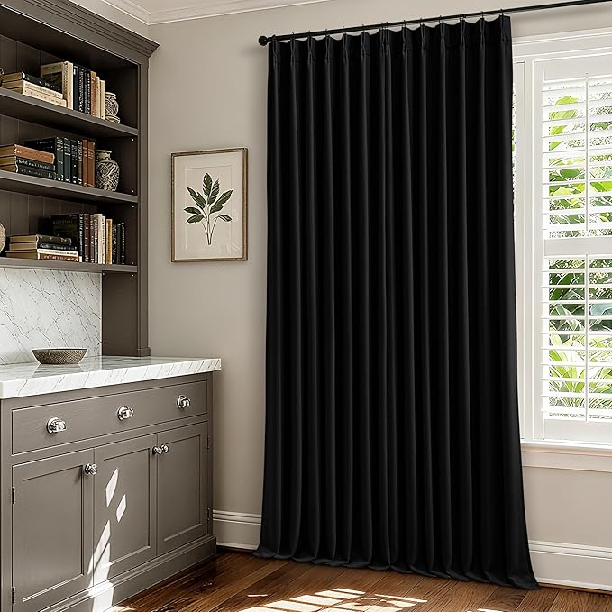 Black Pleated Linen Blackout Curtains 84 Inches Long for Bedroom Living Room Pinch Pleat Black Out Thermal Insulated Ring Hooks Back Tab Room Darkening Modern Drapes Window Curtains with Liner