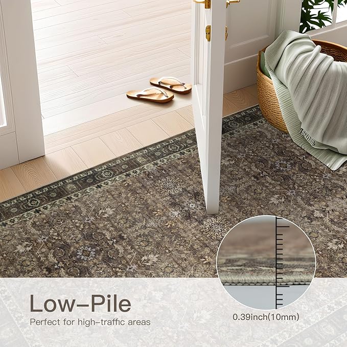 6x9 Vintage Washable Area Rug for Living Room,Low Pile Non Slip Carpet Non-Shedding Area Rug Soft Indoor Stain Resistant Rug Floral Print Mat for Bedroom Dining Room Brown Floral
