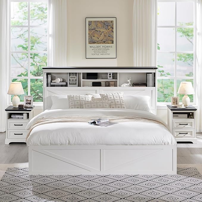 ACCOHOHO Farmhouse King Size Bed Frame with 52" High Storage Bookcase Headboard and 4 Drawers,Wooden Bed Frame with LED Light and Charging Station,White