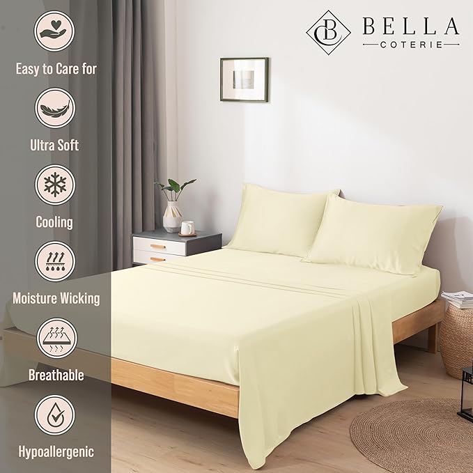 Bella Coterie Luxury Bamboo Viscose Twin XL Size Sheet Set | 100% Organically Grown | Ultra Soft | Cooling for Hot Sleepers | 18" Deep Pocket [Lemonade]