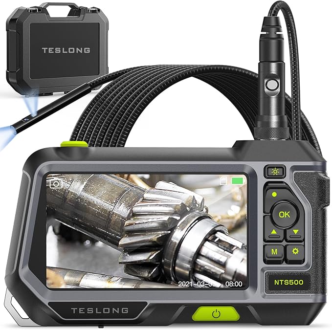 Dual Lens Endoscope with 5" Monitor, Teslong NTS500 Industrial Waterproof Borescope Inspection Camera with 0.21in Front & Side-View Double Lens with 9.8FT Probe, 5-Inch IPS LCD Screen & Case