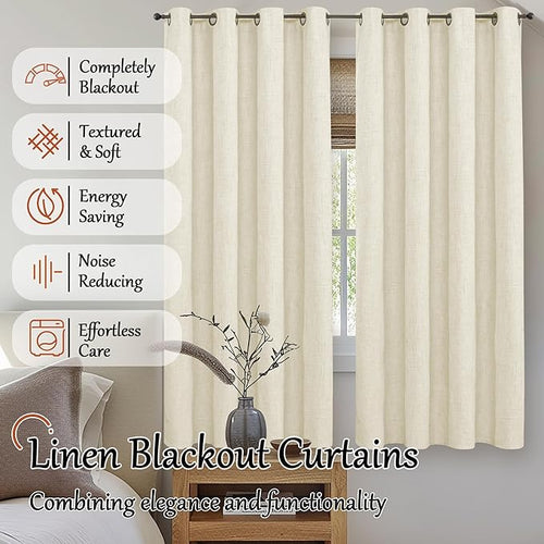 60 Inch Wide Linen Blackout Curtains for Bedroom 63 Inch Length 2 Panels, Total Black Out Thermal Insulated Energy Efficiency Grommet Boho Window Drapes White Liner for Modern Farmhouse, Cream