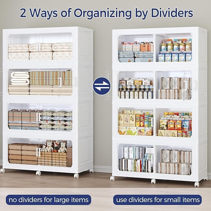 600 QT Extra Large Stackable Storage Bins with Lid, 150 Gal Collapsible Storage Box with Wheels, Folding Closet Organizers and Storage Cabinet with Doors for Home, Kitchen, Office, 3Pack White