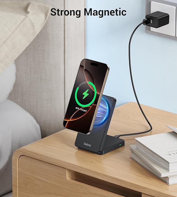 Folding Wireless Charging Stand, Magnetic 15W Fast Charging Station Mag-Safe Travel Lightweight Charger Compatible for iPhone 17/16/16 Pro/16 Pro Max/16 Plus/15/14/13/12 Series, AirPods 4/3