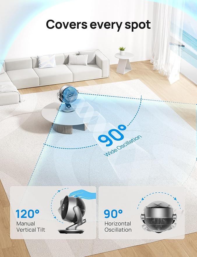 Dreo Smart Fan for Bedroom,120° Vertical and 90° Oscillating Fan with Remote/Voice, 13 Inch Height Quiet Air Circulator for Whole Room, 70 ft, 4 Speeds, 5 Modes, 12H Timer, Desk Fans for Home, Office