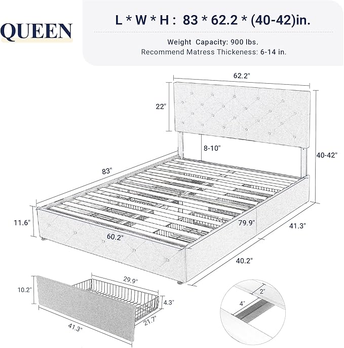 Allewie Upholstered Queen Size Platform Bed Frame with 4 Storage Drawers and Headboard, Diamond Stitched Button Tufted, Mattress Foundation with Wooden Slats Support, No Box Spring Needed, Beige