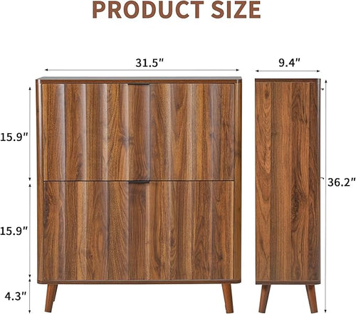 31.5” Fluted Shoe Cabinet Storage with 2 Flip Drawers,Narrow Freestanding Shoe Storage Organizer,Slim Shoe Rack Cabinet for Entryway,Hallway (Walnut)
