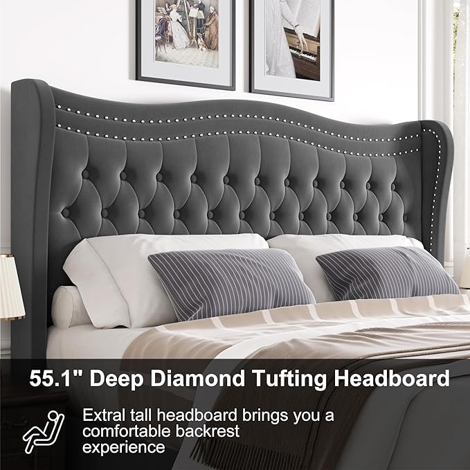 Upholstered Queen Size Bed Frame with Tall Headboard, Velvet Wingback Platform Bed Frame with Deep Button Tufted, No Box Spring Needed, Noise Free, Grey