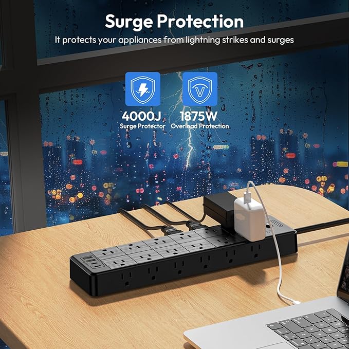 24 Widely Outlets Extension Cord 25 Ft NTONPOWER Long Extension Cord Surge Protector with 4 USB Ports(2 USB C),15A/1875W Power Strips with Surge Protection 4000J, Wall Mount Holes for Home, Office