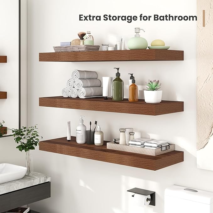 Heimlove 12" Deep Floating Shelves, 36 x 12 Inch Wall Mounted Long Floating Shelf with Invisible Brackets, for Home Decor, Bedroom, Kitchen, Living Room, Bathroom - 2 Pack, Walnut