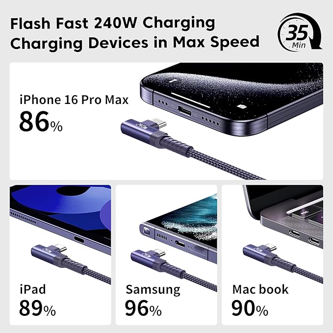 USB C Cable [2Pack, 3.3ft] 240W Fast Charging Type C Cord, Nylon Braided USB 2.0 Cable for iPhone 17 16 15 Pro Plus Pro Max Air, iPad Pro, Samsung Galaxy S24 S23, Switch, MacBook Pro, Pixel-Purple