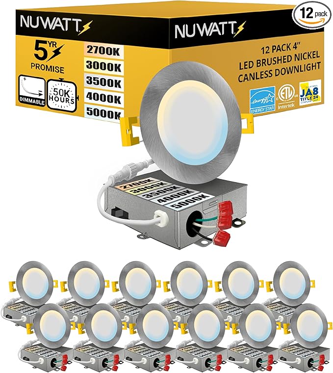 NUWATT 12 Pack, 4 Inch Ultra-Thin Recessed LED Lights Brushed Nickel, 5CCT 2700K/3000K/3500K/4000K/5000K Selectable, 630LM, 9W, IC Rated, Dimmable Canless Downlight With Junction Box, Energy Star, ETL