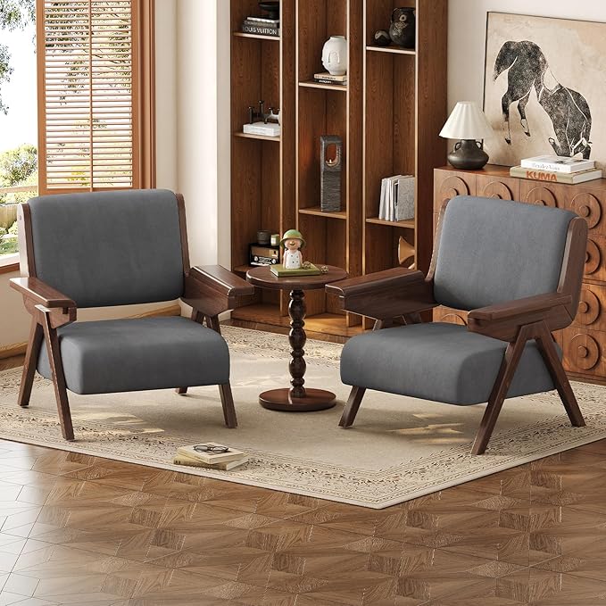 Mid Century Modern Accent Chair, Fabric Upholstered Lounge Arm Chair with Solid Wood Frame for Living Room, Bedroom, Office, Reading Corner (Gray, Set of 2)