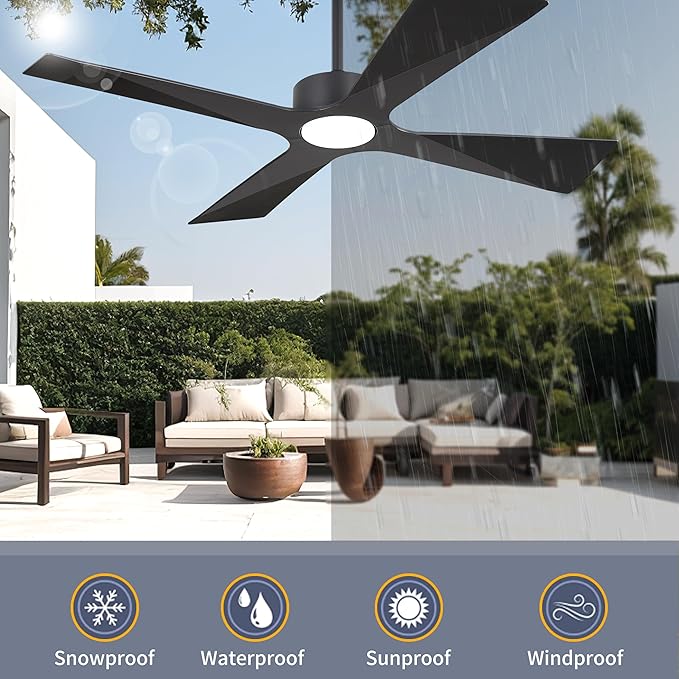 WINGBO 64" Wet Rated Outdoor Ceiling Fan with Lights, 4 ABS Plastic Blades, Reversible DC Motor, 6-Speed Remote Control, 3 CCT, Waterproof Ceiling Fan for Patio Porch Gazebo Garage, Matte Black