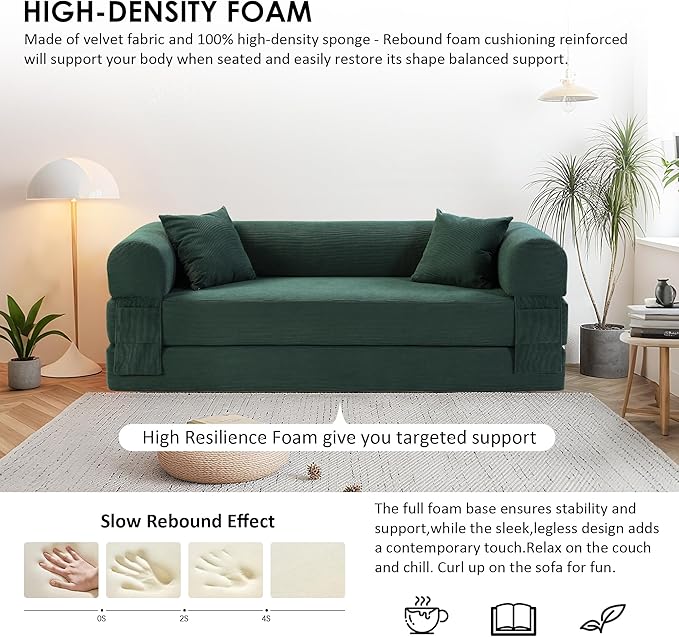 80" Convertible Sofa Bed, 3-in-1 Corduroy Folding Pull Out Couch with Pillows, No Assembly Modern Boneless Couch Compression Sofa in Box, Floor Sofa with Side Storage Pocket for Living Room,Dark Green