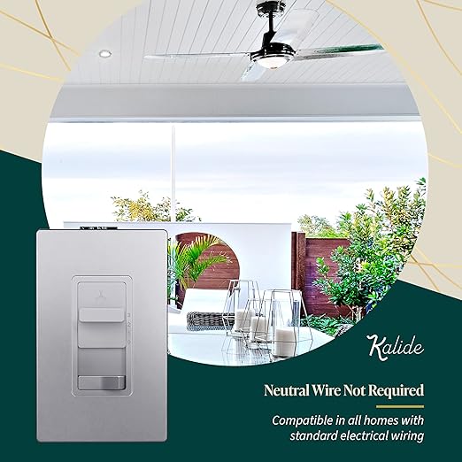 TOPGREENER Kalide Light Switch and 3-Speed Ceiling Fan Control Combo, in Wall Light and Fan Combination Switch, Single Pole, 2.5A, 720W, Neutral Wire Not Required, TGSFS3-SV, Silver