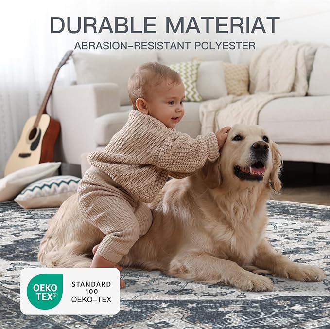 6x9 Vintage Washable Area Rug for Living Room,Low Pile Non Slip Carpet Non-Shedding Area Rug Soft Indoor Stain Resistant Rug Floral Print Mat for Bedroom Dining Room Blue Beige