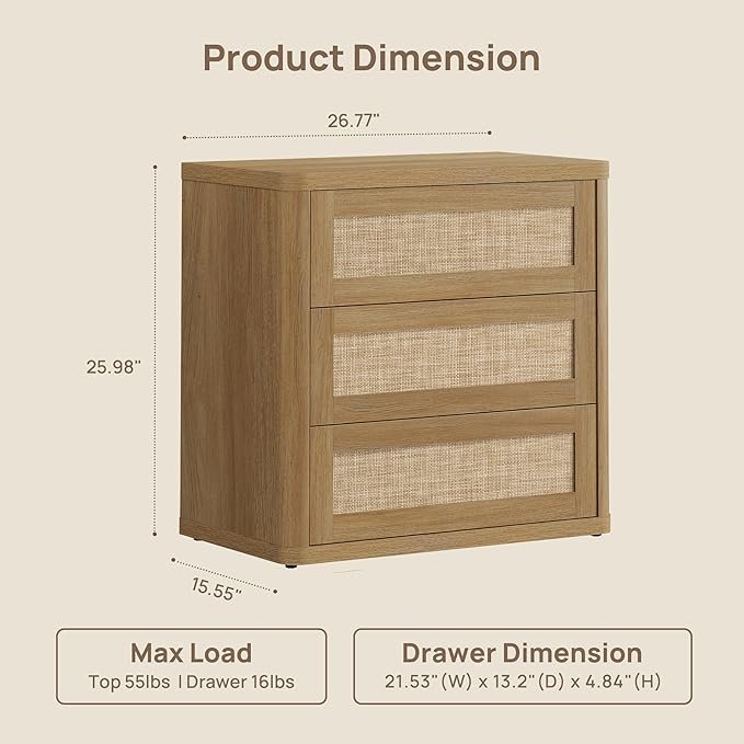 SICOTAS 26.8" Oversized Night Stand for Bedroom & Guest Room, Large 3-Drawer Rattan Nightstand, Boho Bedside Table End Table Storage Cabinet with Kid-Safe Rounded Edges & Push-Close Design, Amber Oak