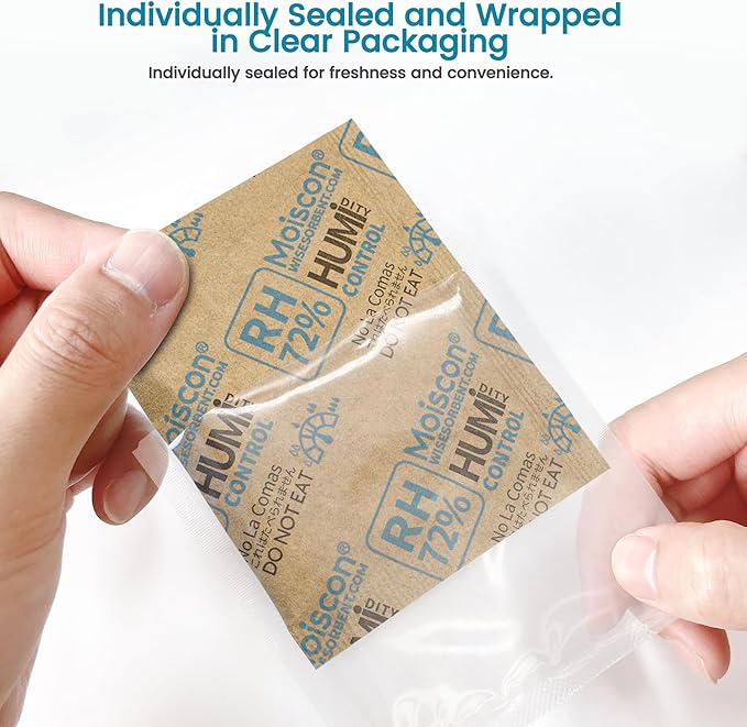 Wisesorb 72% Two-Way Humidity Control Packs- 8 Gram Moisture Absorbers for Herbs, Wood Humidifier Boxes - Natural Craft Paper Design, Individually Sealed Packets, Prevents Leaks [60 Pack]