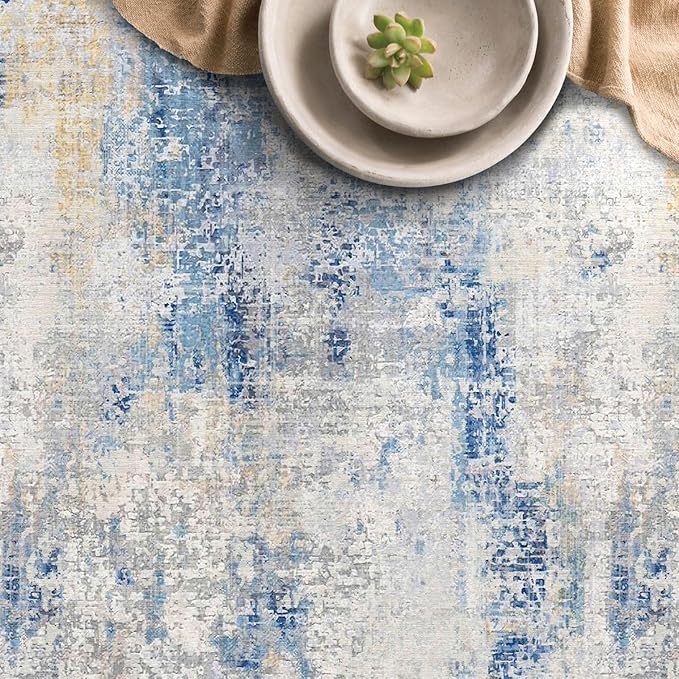 8x10 Area Rugs for Living Room, Non-Slip Backing Washable Rug 8x10, Large Area Rug Soft Carpet for Bedroom Dining Room, Modern Abstract, Easy Clean, Durable, Blue Ivory Yellow