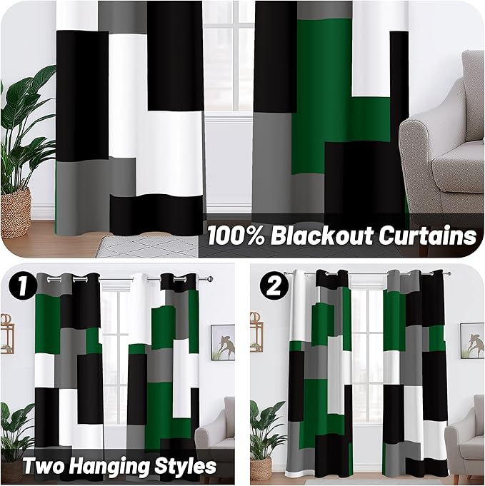 Green 100% Blackout Curtains for Bedroom 72 inch Length 2 Panels Set White Grey Modern Abstract Geometric Black Out Curtains Insulated Room Darkening Window Drapes for Living Room, 42Wx72L