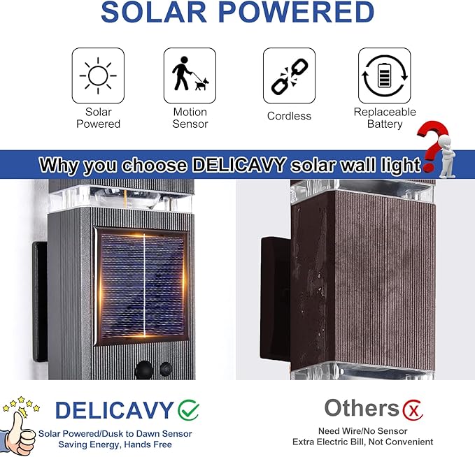 Delicavy 2 Pack Solar Outdoor Wall Lights with 3-Mode Motion Sensor Outside Sconces Up Down Solar Porch Light Fixtures 3000K 500LM Dusk to Dawn Modern Exterior Wall Lamp for House Garage Front Door