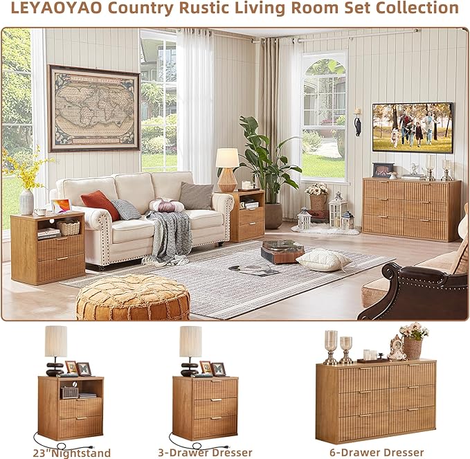 LEYAOYAO Fluted Nightstand with Charging Station, 23" Modern Night Stand with Woodgrain Top, 2 Drawers End Table w/Storage, Bedside Tables for Bedroom, Living Room, Curved Profile Design,Brown