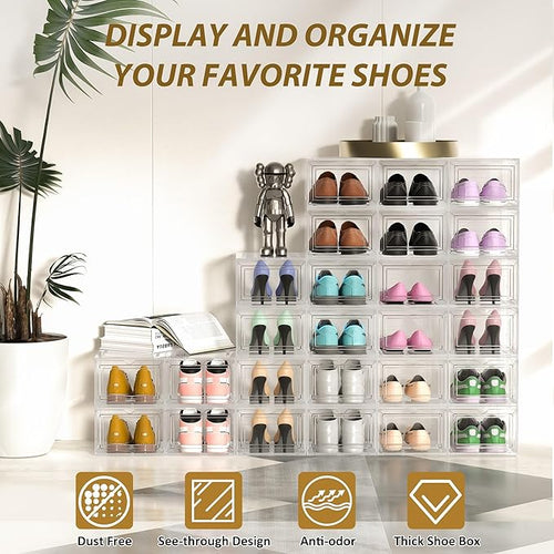 10 Pack Extra XX Large Hard Plastic Clear Stackable Shoe Storage Box Organizer for Closet, Thicken Sturdy Sneaker Shoe Rack Display Case Containers Bins with Lids and Magnetic Door, Clear