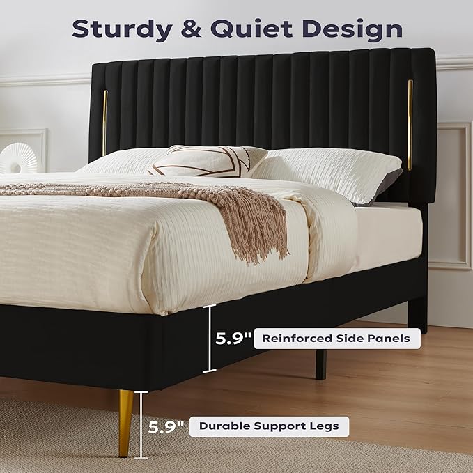 King Platform Bed Frame, Velvet Upholstered Bedframe with Vertical Channel Adjustable Headboard, Golden Plating Trim, Mattress Foundation with Wooden Slats, No Box Spring Needed, Black