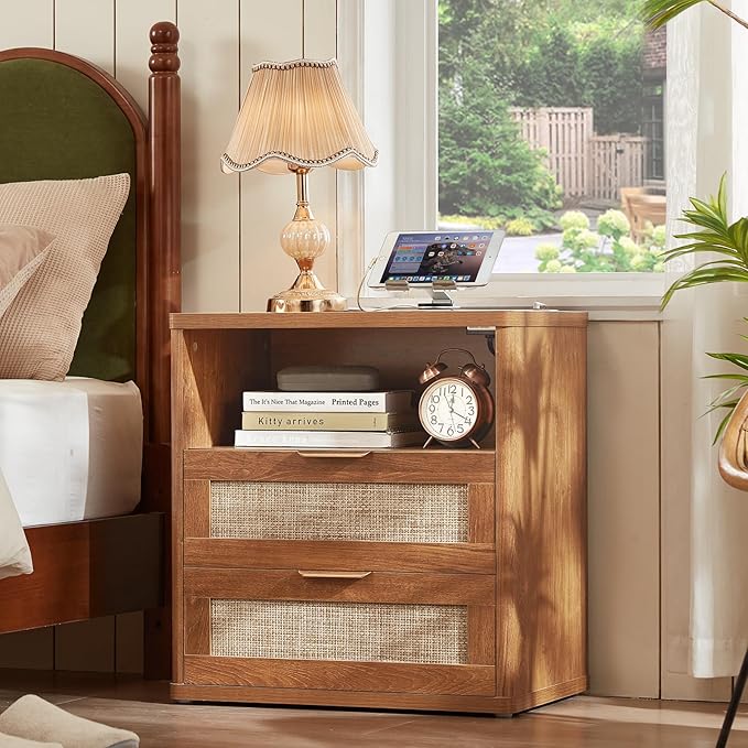 LEYAOYAO Rattan Dresser and Nightstand Set of 3, Boho Wood Dresser for Bedroom with 6 Drawers and Night Stand with Charging Station, Bedroom Furniture, Dressers & Chests of Drawers,Hallway,Living Room