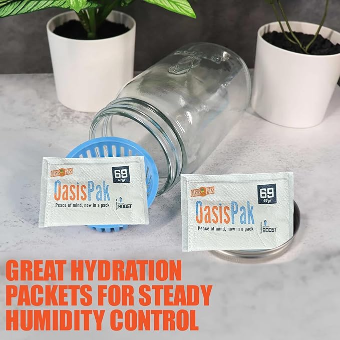 OasisPak 69% RH Two-Way Humidity Control Packs (1 Pack) - 67 Gram Packs | Maintain Humidty, Freshness, Flavors & Aromas | Salt-Free, Leak-Proof Moisture Absorbers for Storage Cases & Containers