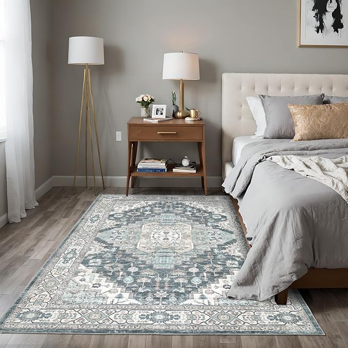 8x10 Vintage Washable Area Rug for Living Room,Low Pile Non Slip Carpet Non-Shedding Large Area Rug Soft Indoor Stain Resistant Rug Boho Print Mat for Bedroom Dining Room Blue Beige Multi