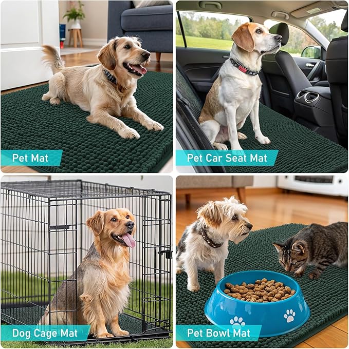 OLANLY Dog Door Mat for Muddy Paws 45x27, Absorbs Moisture and Dirt, Absorbent Non-Slip Washable Doormat, Quick Dry Chenille Mud Mat, Entry Indoor Entryway Carpet for Inside Floor, Blackish Green