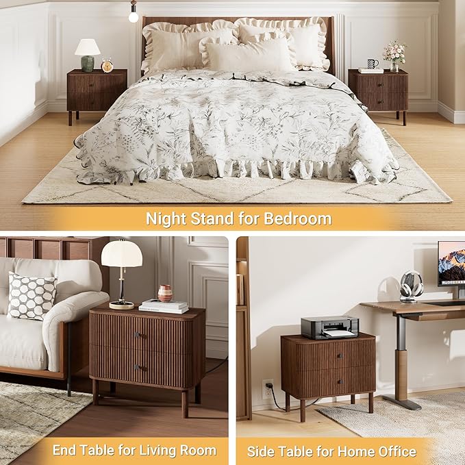 Night Stand with Charging Station, 24" Large Fluted Nightstand with Rounded Corners & Solid Wood Legs, 2 Drawers End Table with Storage, Mid Century Modern Bedside Table for Bedroom, Walnut