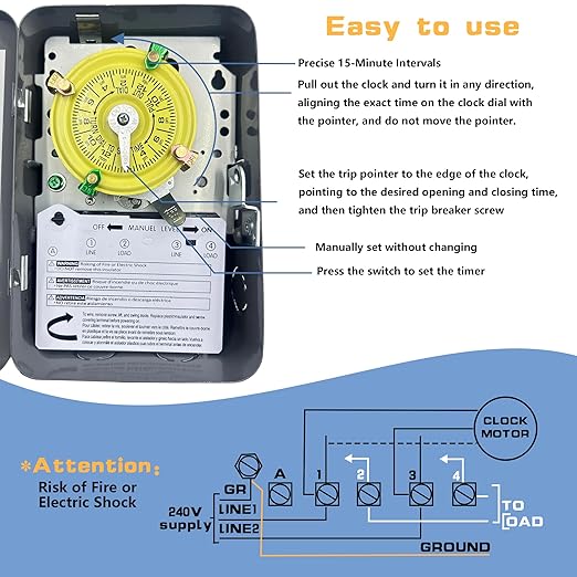 T104 Electromechanical Timer Switch,208-277 VAC 5HP 40A DPST Pool Timers,12 ON/Off Operations,Manual Override Included Trippers,Heavy Duty Pool Pump Timer