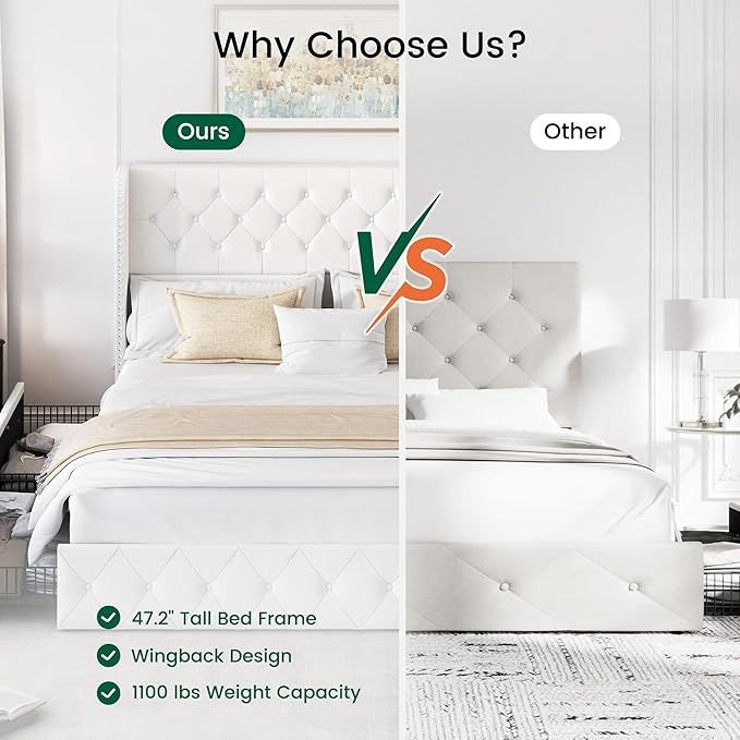 LARMACE King Size Bed Frame with 4 Storage Drawers and Wingback Headboard Velvet Upholstered Platform Bed Frame Tufted Beds with Wooden Slats Support, Easy Assembly, White