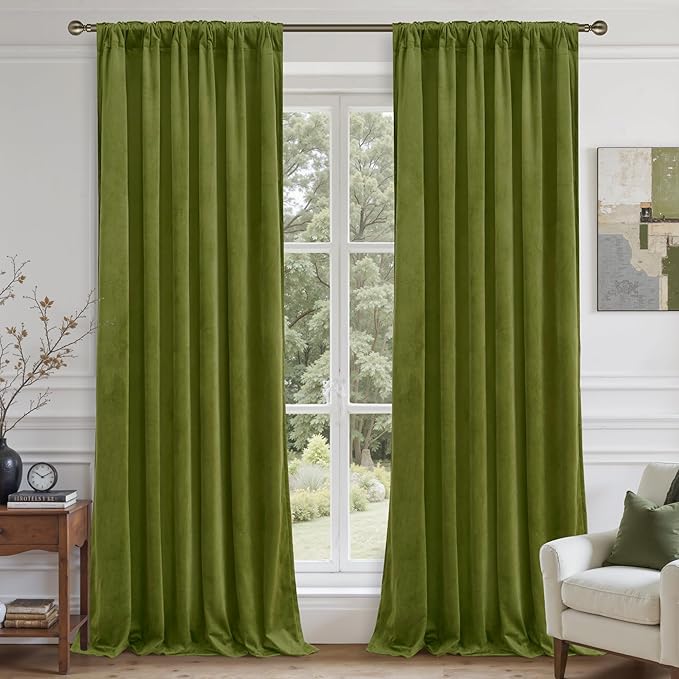LAMIT Moss Green Velvet Curtains 108 Inch for Living Room, Vintage Thermal Insulated Blackout Panels Super Soft Back Tab and Rod Pocket Window Drapes for Bedroom, 2 Panels, 52 x 108 Inch