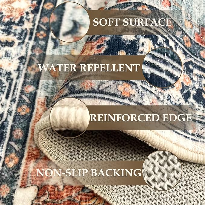Area Rugs 2'x8' Washable Non-Slip, Floral Vintage Distress Print Pattern Medallion Carpet for Living Room Bedroom Dining Room, Beige Navy Blue Orange Colorful