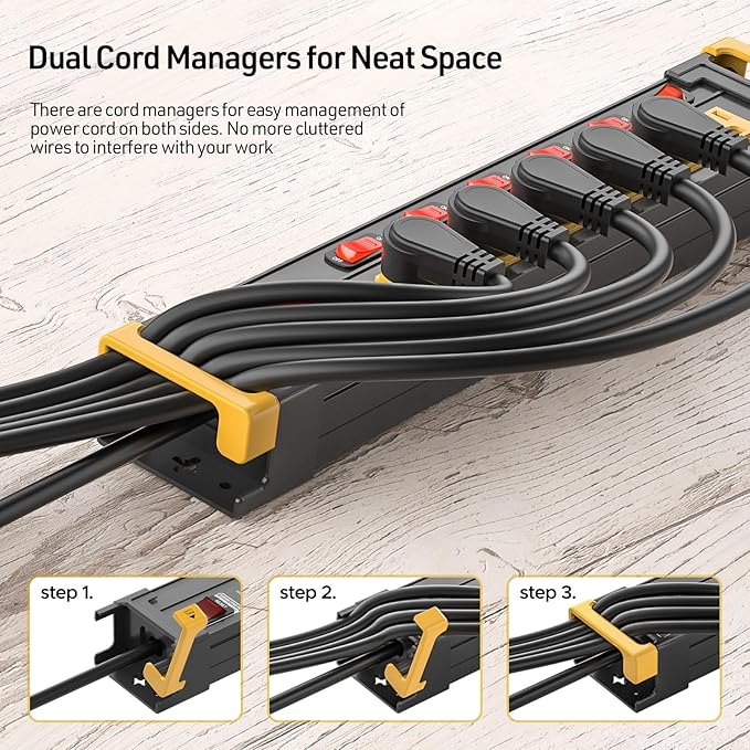 CRST 6 Outlets Heavy Duty Metal Power Strip with Individual Switches, 15A/1875W 1020Joules Surge Protector Power Strip with Cord Manager for Garage, Shop, Workspace, Home, Office, School. 6FT Cord