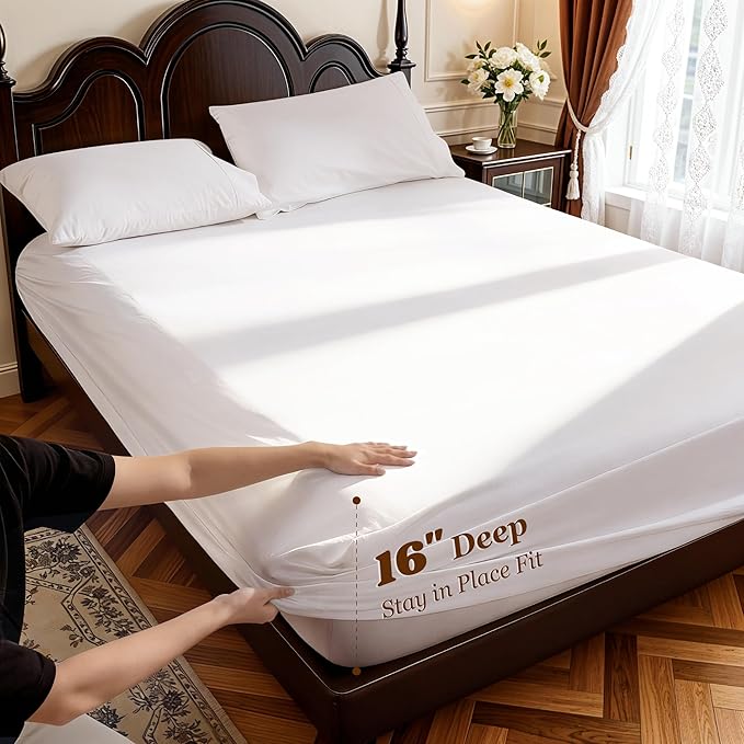 LBRO2M 1000 Thread Count 100% Cotton Sheets Set,California King Size Bed Sheet 4 Piece Sets,Long Staple,16 Inches Deep Pocket,All Season,Bedding Super Soft Comforterble Breathable,Sateen(White)