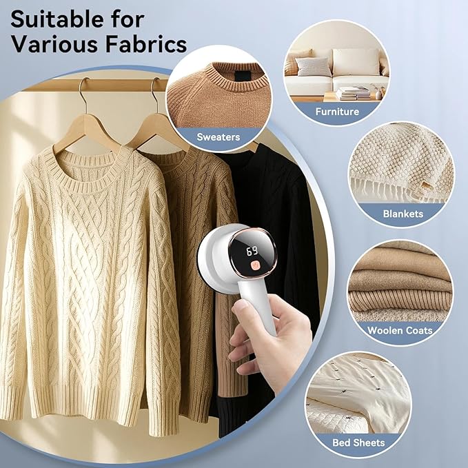 Smyeviva Rechargeable Fabric Shaver for Clothes: 6-Leaf Blades & 3 Speeds to Remove Pilling, Fuzz & Lint Balls - with LED Display, Portable Electric Lint Remover for Sweater, Couch, Blanket, Furniture