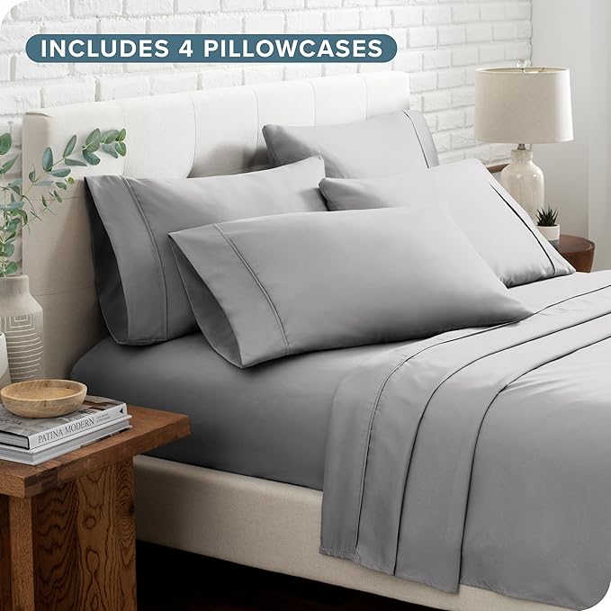 Bare Home Hotel Luxury Cal King Sheet Set, Extra Soft, 6 Piece Set, Deep Pockets, Easy Fit, Cooling & Breathable, Wrinkle, Fade, Stain Resistant, Includes 4 Pillowcases (California King, Light Grey)