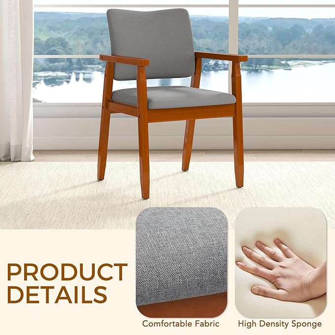 thksbought Set of 2 Mid Century Modern Walnut Dining Chairs Wood Arm Grey Fabric Kitchen Cafe Living Room Decor Furniture