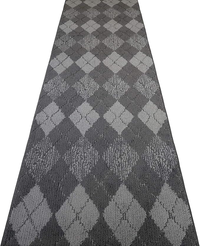 Custom Length Hallway Runner Rug,Slip Resistant,Squares Anthracite, 26 Inch X 13 feet, Sold and Priced Per Foot