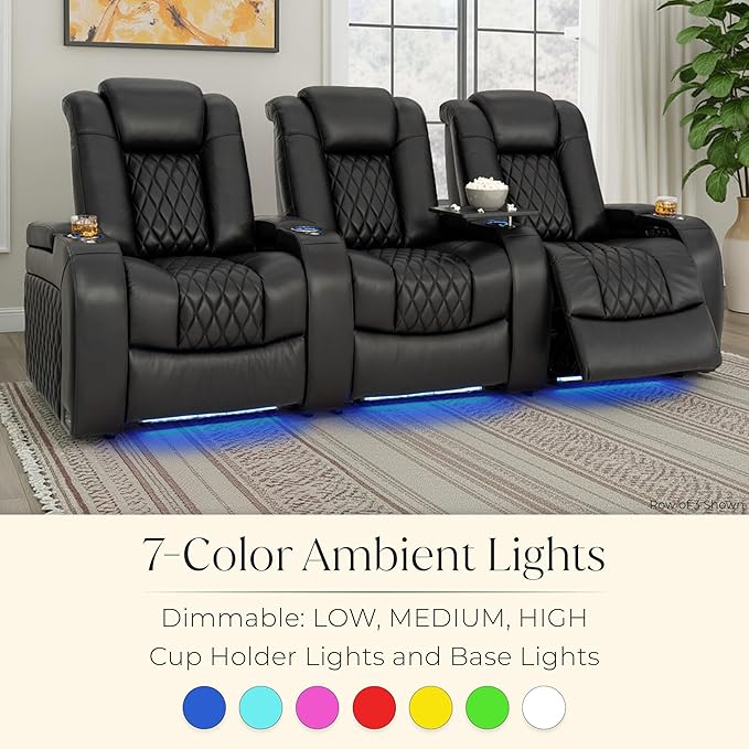 Seatcraft Diamante Zero-Gravity CoolZero Italian Leather Home Theater Seating, Power Headrest, Power Recline, Row of 5 Left Loveseat, Black