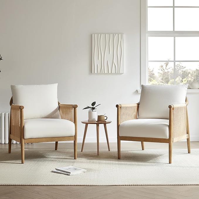 CHITA Braid Accent Chair, Modern Armchair with Solid Wooden Armrest for Living Room and Bedroom, Boho Reading Chair, Cream