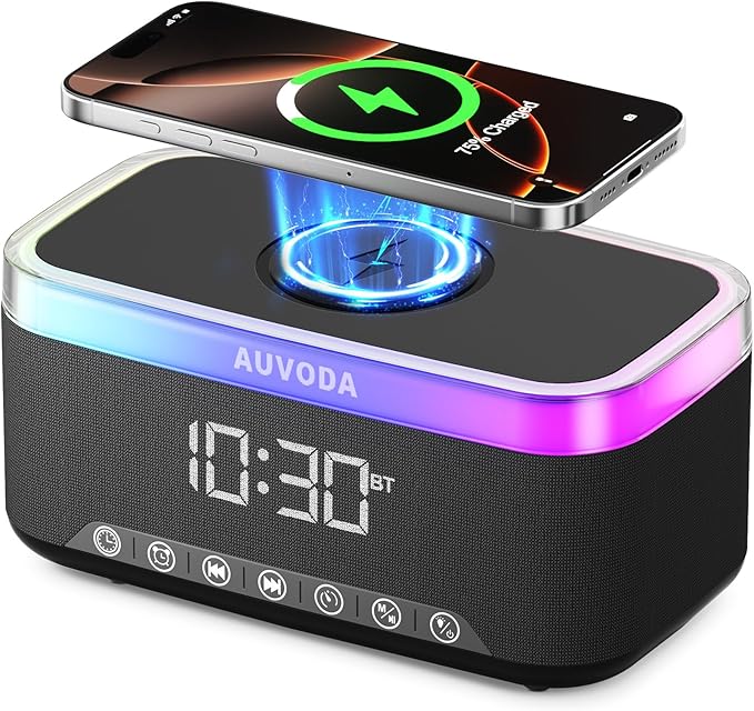 AUVODA S300 Portable Bluetooth Speaker with 15W Fast Wireless Charging, 13-Color Dimmable Night Light, White Noise, Alarm, FM Radio, 16W Stereo, BT5.3, TWS, for Home, Office, Bedroom (Black)