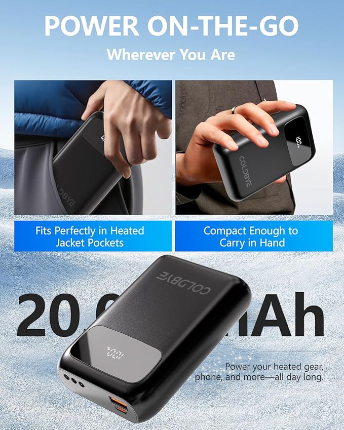 ColdBye Heated Vest Battery Pack 𝟕.𝟒𝐕 5𝐀 𝟐𝟎𝟎𝟎𝟎𝐦𝐀𝐡, Type-C and USB 5V Output 7.4V Tri-Size DC Built-in Ports (3.5 mm / 3.8 mm / 4.0 mm) for Heated Jacket