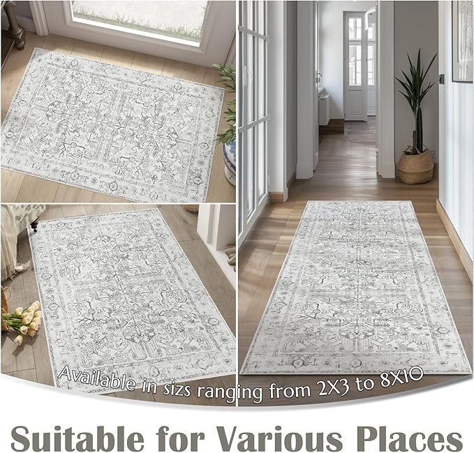jinchan Lima Runner Rug 2x5 Washable Hallway Runner - Vintage Floral Non Slip Low-Pile Soft Ultra-Thin Kitchen Rug Distressed Carpet for Farmhouse Bedroom Entryway Laundry Room (2x5ft, Grey)