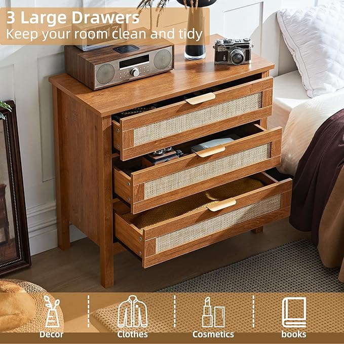 LEYAOYAO 31.5" Wide Rattan Night Stand, Large Boho Nightstand, Bedside Table with Storage, Tall Bed Side End Tables, Chest of Drawers for Bedroom, Living Room, Hallway（Brown,3 Drawers,2）